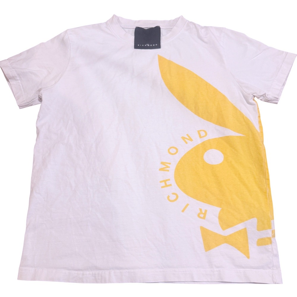 John Richmond Playboy Bunny Graphic T-Shirt White Yellow Streetwear Mens Medium